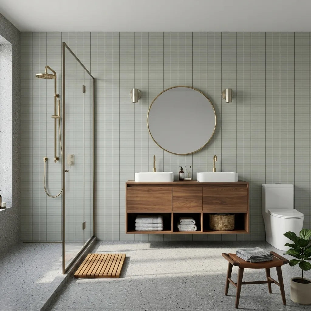 Bathroom - Tattersall wallpaper by York Wallcoverings in sage green and brown creates a classic, inviting space.