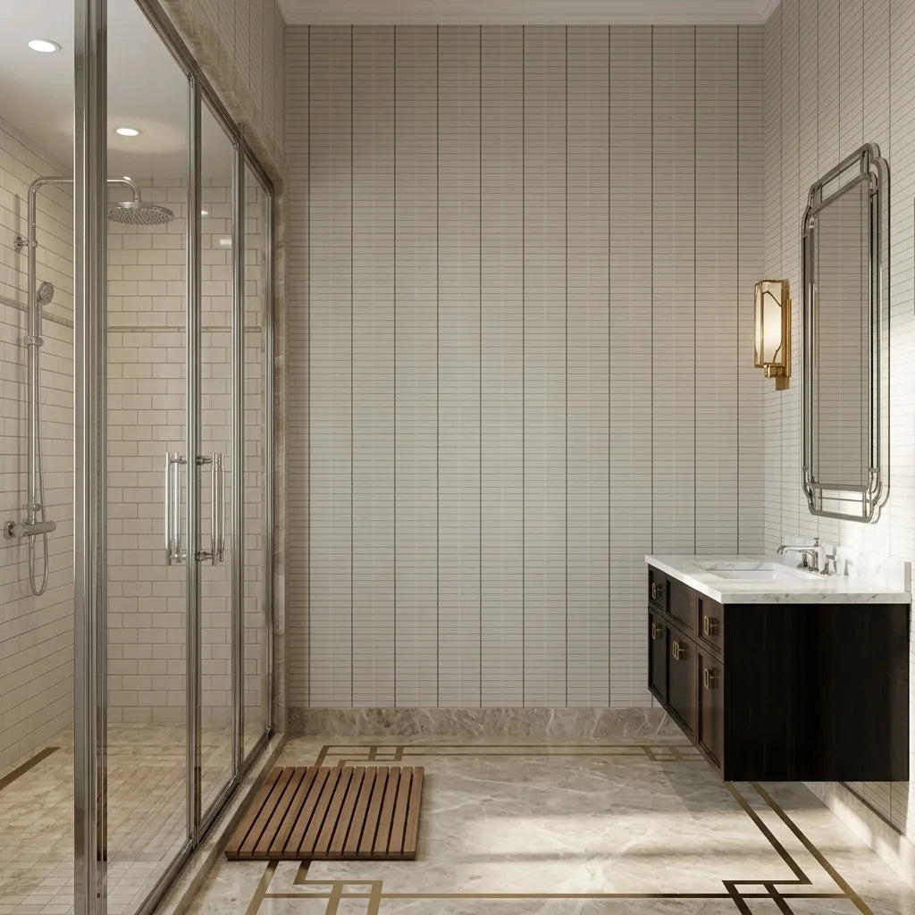 Bathroom - Tattersall wallpaper in Light Greige by York Wallcoverings brings classic, subtle pattern to this stylish bathroom design.