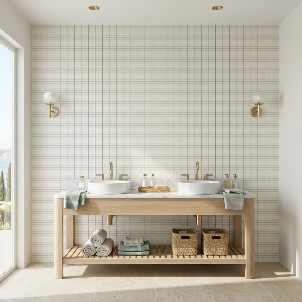 Bathroom - Elegant Tattersall wallpaper in Charcoal and Taupe by York Wallcoverings adds style to this modern bathroom.