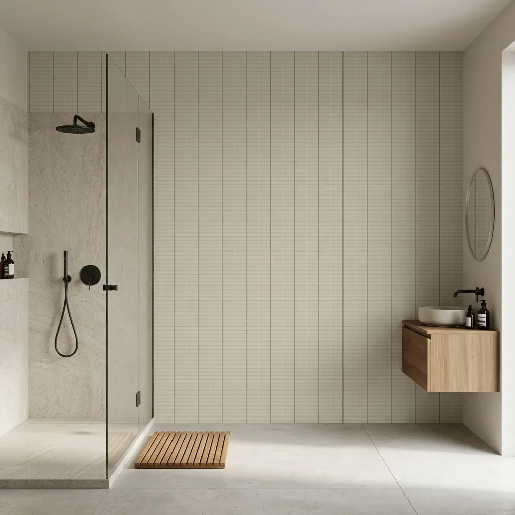 Bathroom - Elegant bathroom featuring Tattersall wallpaper in Beige and Grey by York Wallcoverings.