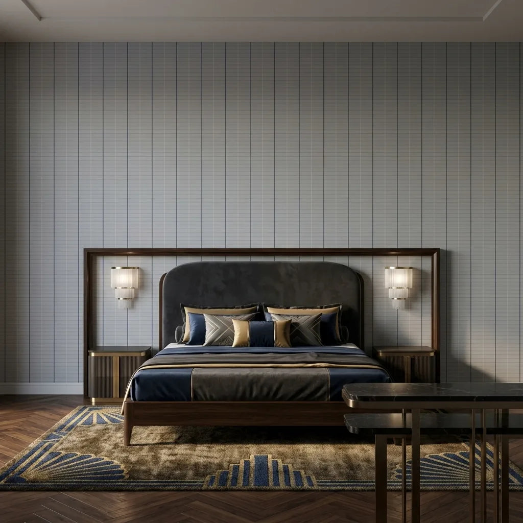 Bedroom - Features Light Grey Tattersall wallpaper by York Wallcoverings, creating a sophisticated and inviting atmosphere.