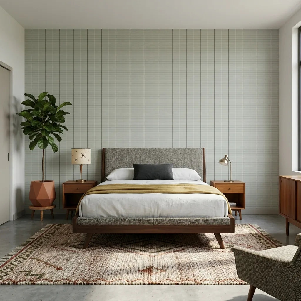 Bedroom - Tattersall wallpaper in Sage Green and Brown by York Wallcoverings creates a cozy, classic space.