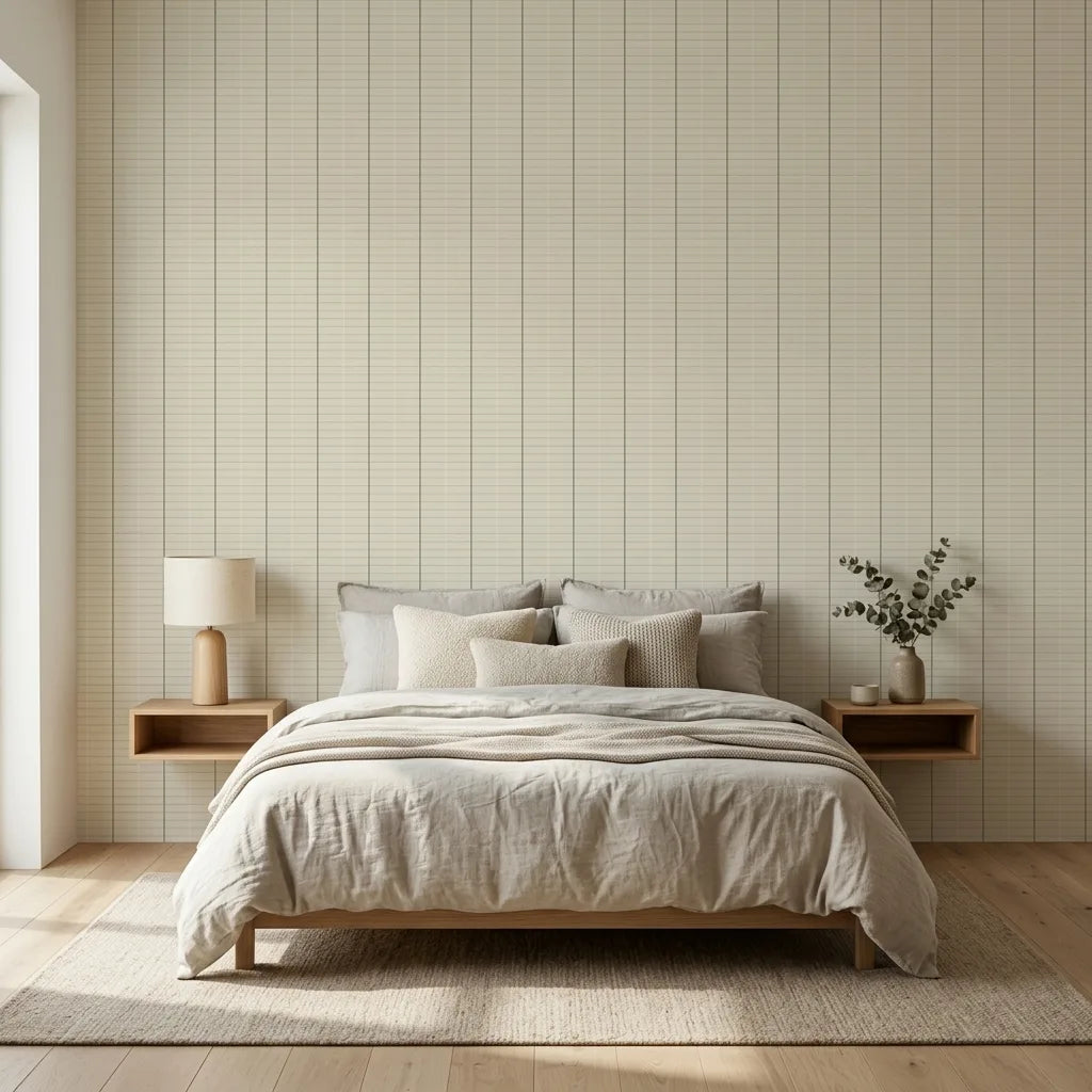Bedroom - Tattersall wallpaper in beige and grey by York Wallcoverings adds classic style to this inviting space.