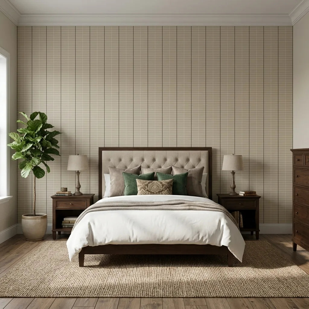 Bedroom - Tattersall Beige and Brown wallpaper by York Wallcoverings adds classic style to this elegant bedroom design.