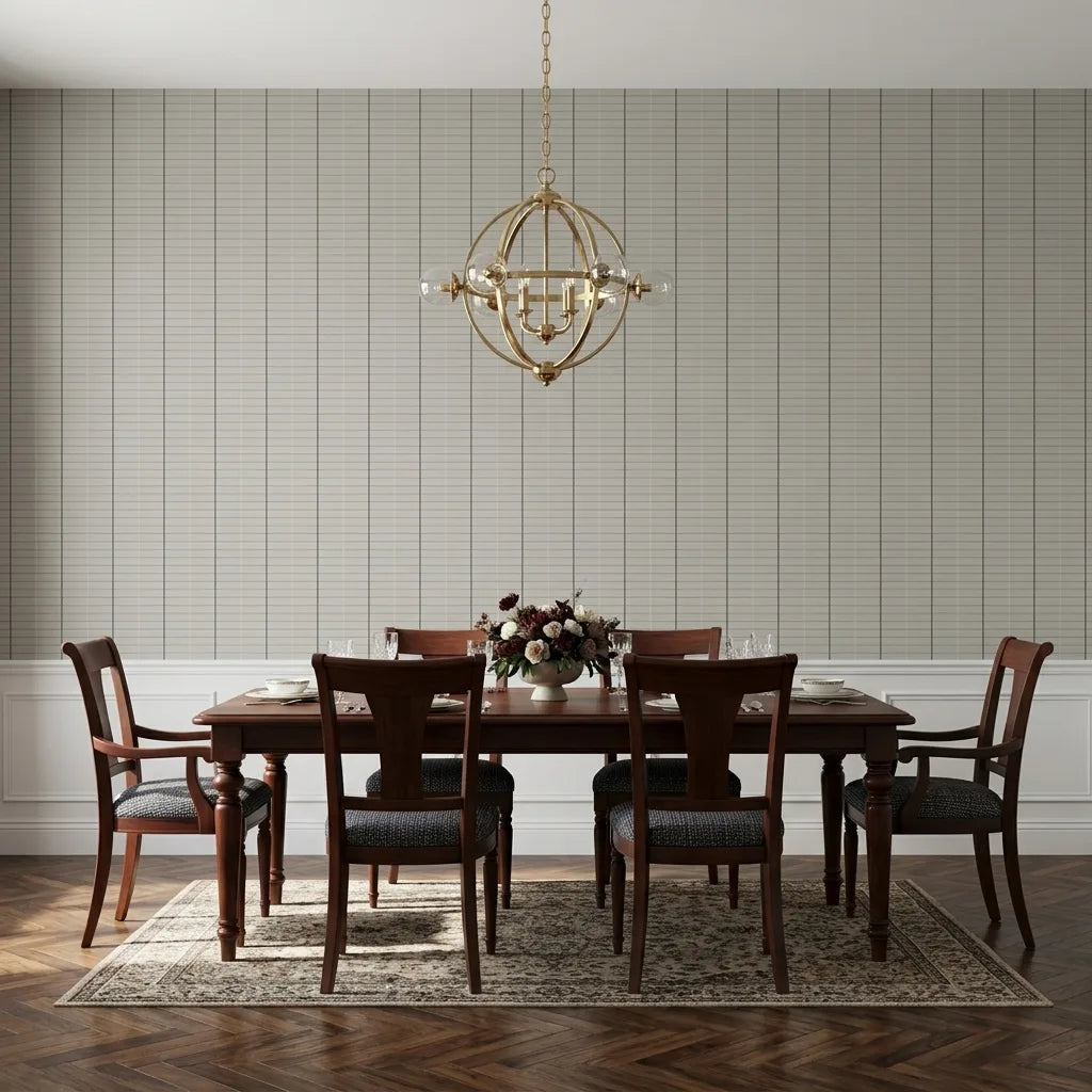 Dining Room - Features Tattersall wallpaper in Light Greige by York Wallcoverings, creating a sophisticated and inviting space.