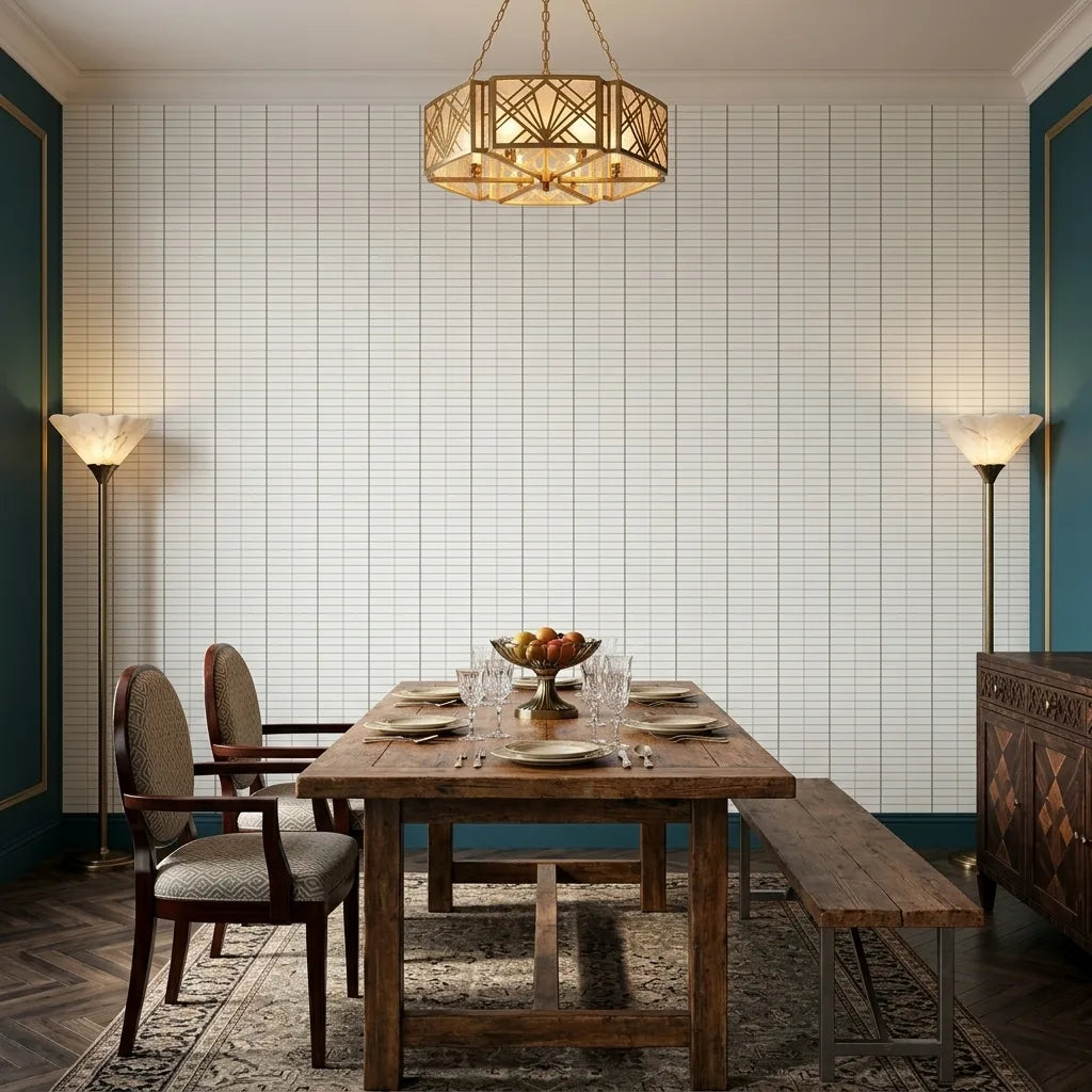 Dining Room - Tattersall wallpaper in Charcoal and Taupe by York Wallcoverings adds elegant texture and style.