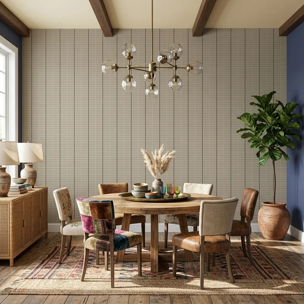 Dining Room - Elegant dining room showcasing Beige and Brown Tattersall wallpaper by York Wallcoverings, perfect for stylish meals.