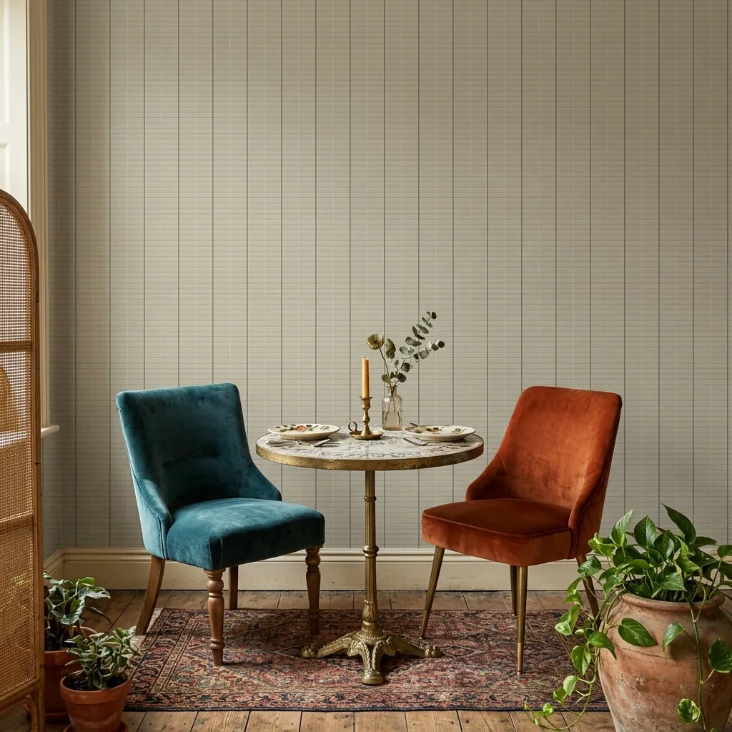 Dining Room - Features elegant Tattersall wallpaper in beige and grey by York Wallcoverings, creating a sophisticated ambiance.
