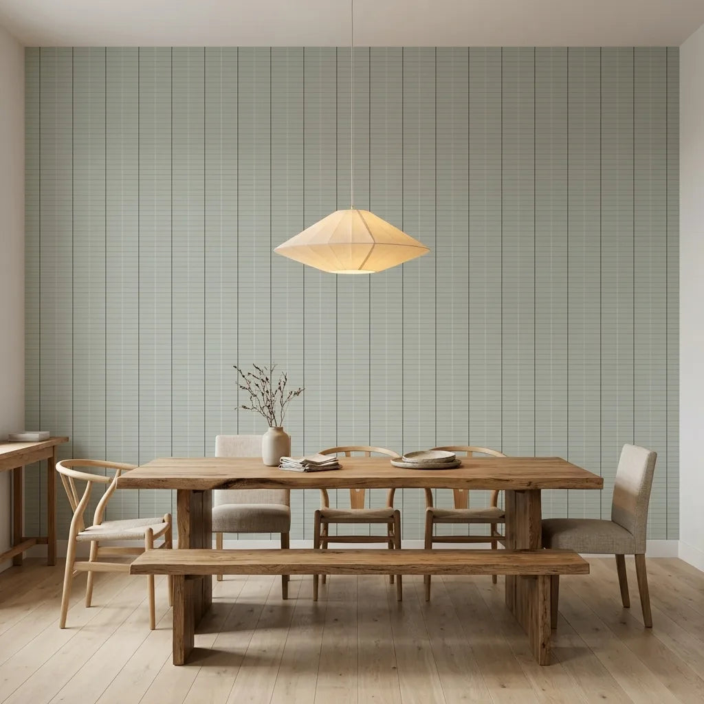 Dining Room - featuring Tattersall wallpaper in Sage Green and Brown by York Wallcoverings.