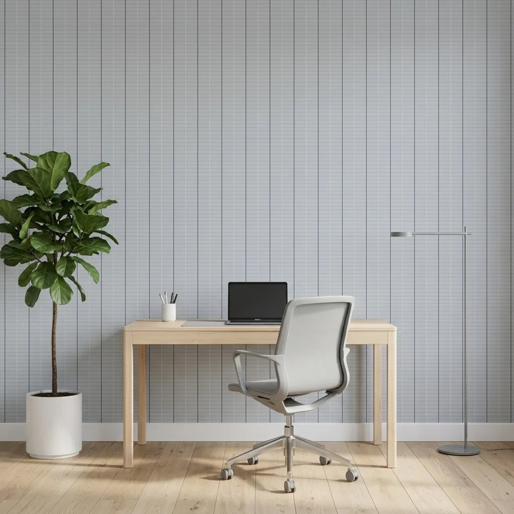 Home Office - Light grey Tattersall wallpaper by York Wallcoverings creates a sophisticated and productive workspace in this home office.