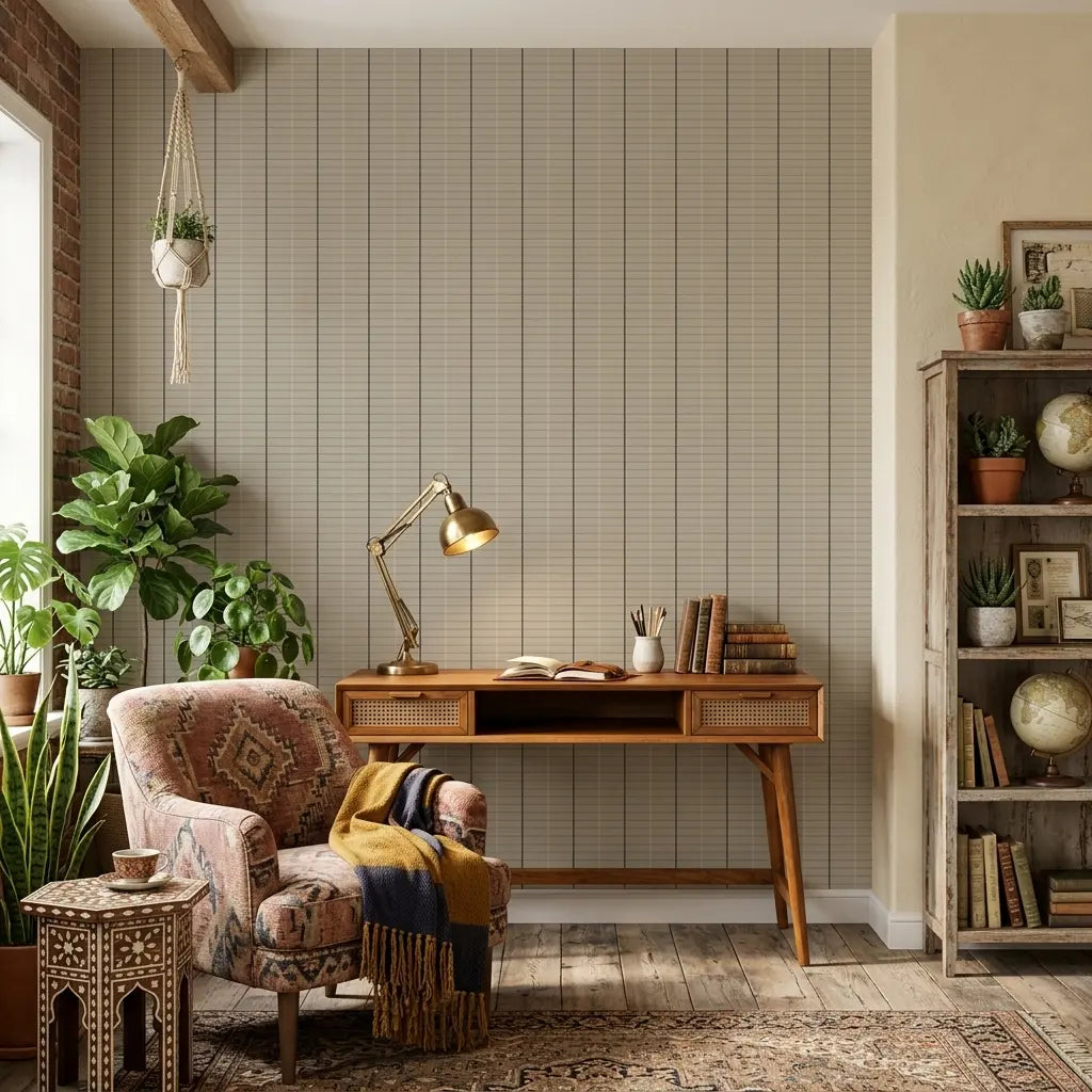 Home Office - Stylish room showcasing Beige and Brown Tattersall plaid wallpaper by York Wallcoverings.