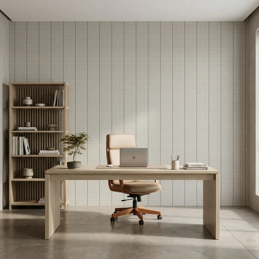 Home Office - Cozy home office with Tattersall wallpaper in Light Greige by York Wallcoverings, creating a serene and productive space.