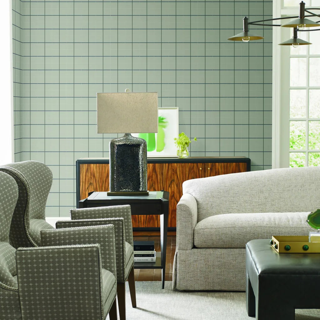Elegant living room showcasing Tattersall Light Greige wallpaper by York Wallcoverings.