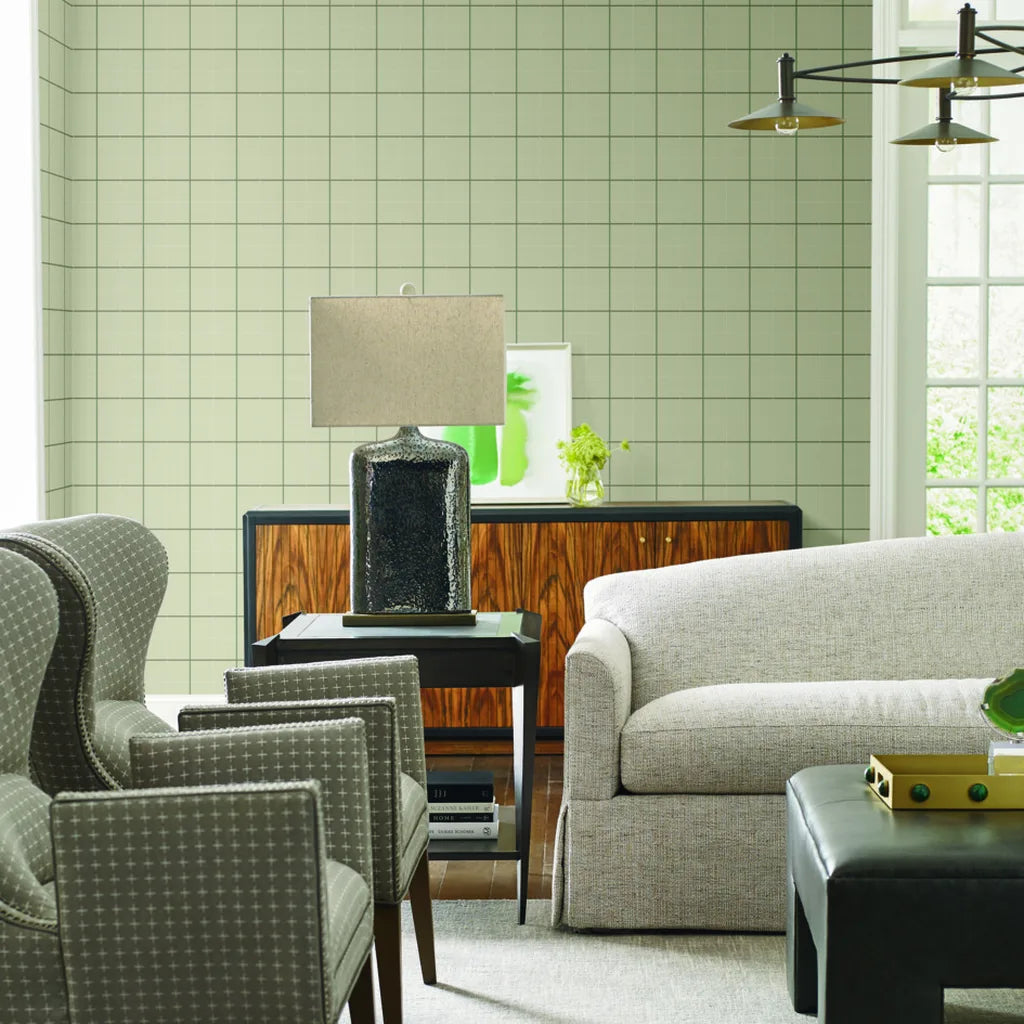 Elegant living room featuring Beige and Grey Tattersall wallpaper by York Wallcoverings, adding classic style and texture.