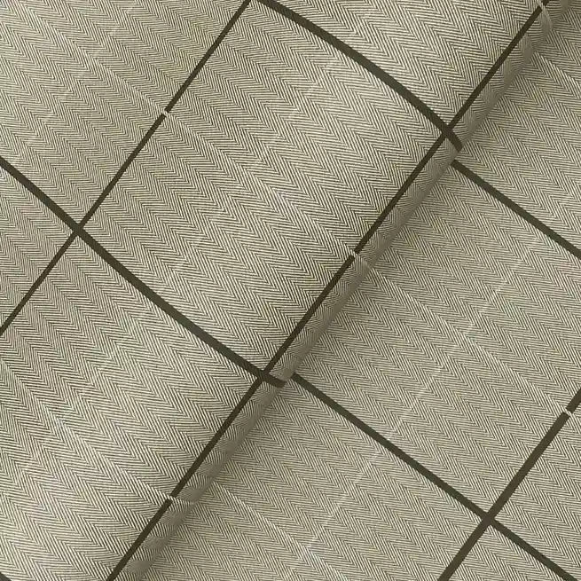 Close-up texture of York Wallcoverings Tattersall wallpaper, showcasing beige and brown woven pattern.