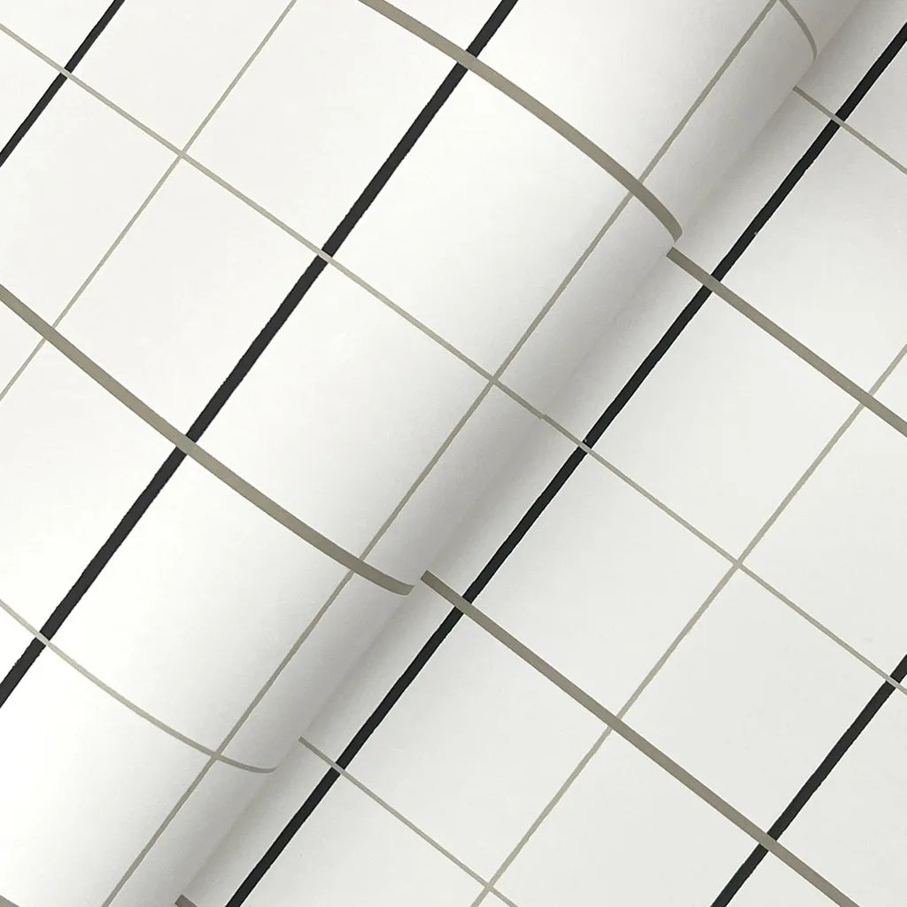 Close-up texture detail of York Wallcoverings' Tattersall wallpaper in sophisticated Charcoal and Taupe.