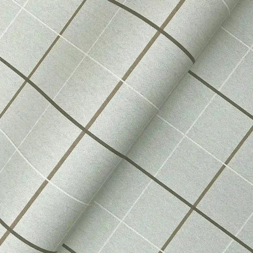 Close-up texture detail of York Wallcoverings' Tattersall wallpaper in sage green and brown, highlighting its woven pattern.