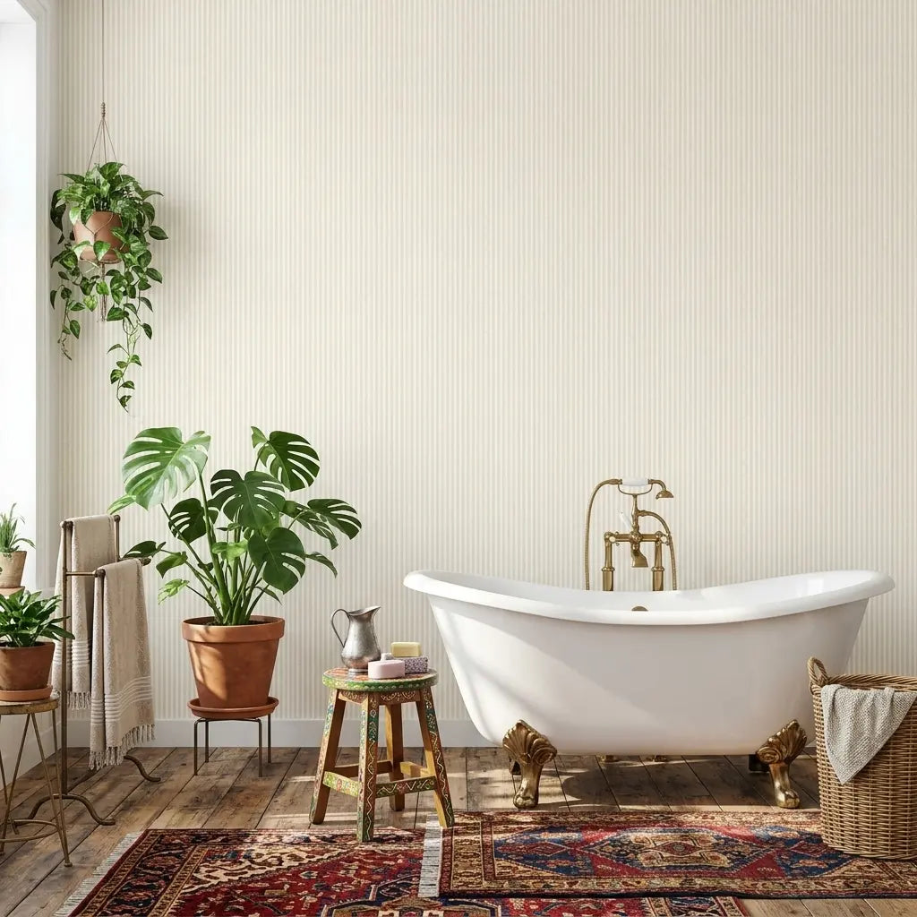 Bathroom - Ticking Stripe wallpaper in Warm Ivory by York Wallcoverings creates an elegant, classic bathroom design.