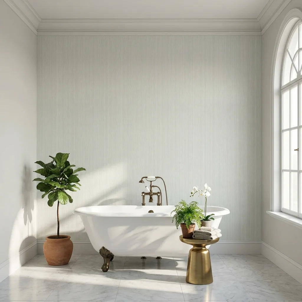 Bathroom - Classic Sage Green Ticking Stripe wallpaper by York Wallcoverings creates a serene and stylish space.