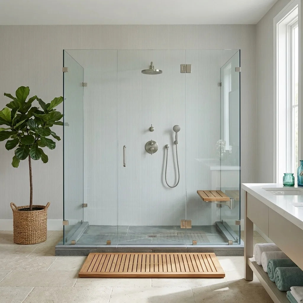 Bathroom - Stylish bathroom features Grey and Cream Ticking Stripe wallpaper by York Wallcoverings for a classic, clean look.