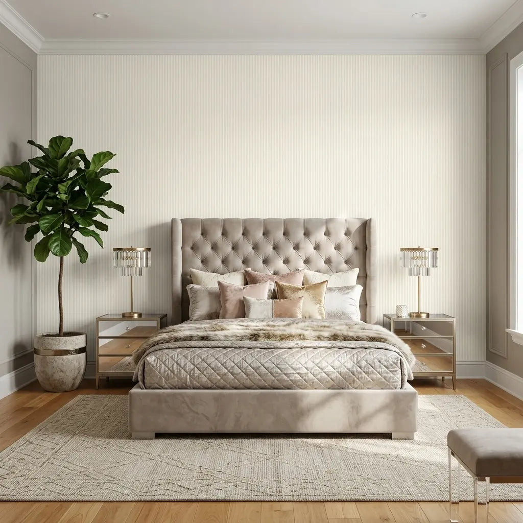 Bedroom - Features Warm Ivory Ticking Stripe wallpaper by York Wallcoverings, adding classic style to this serene space.