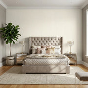 Bedroom - Features Warm Ivory Ticking Stripe wallpaper by York Wallcoverings, adding classic style to this serene space.