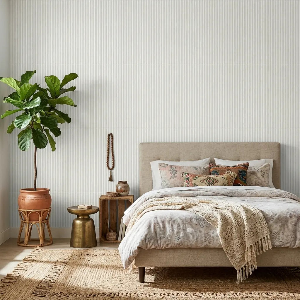 Bedroom - featuring Ticking Stripe wallpaper in Grey and Cream by York Wallcoverings.