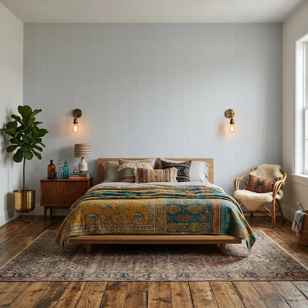 Bedroom - Elegant room with Pale Blue and White Ticking Stripe wallpaper by York Wallcoverings, creating a classic, serene look.