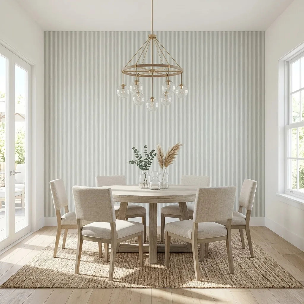 Dining Room - Ticking Stripe wallpaper in Sage Green by York Wallcoverings creates a calm, inviting space.