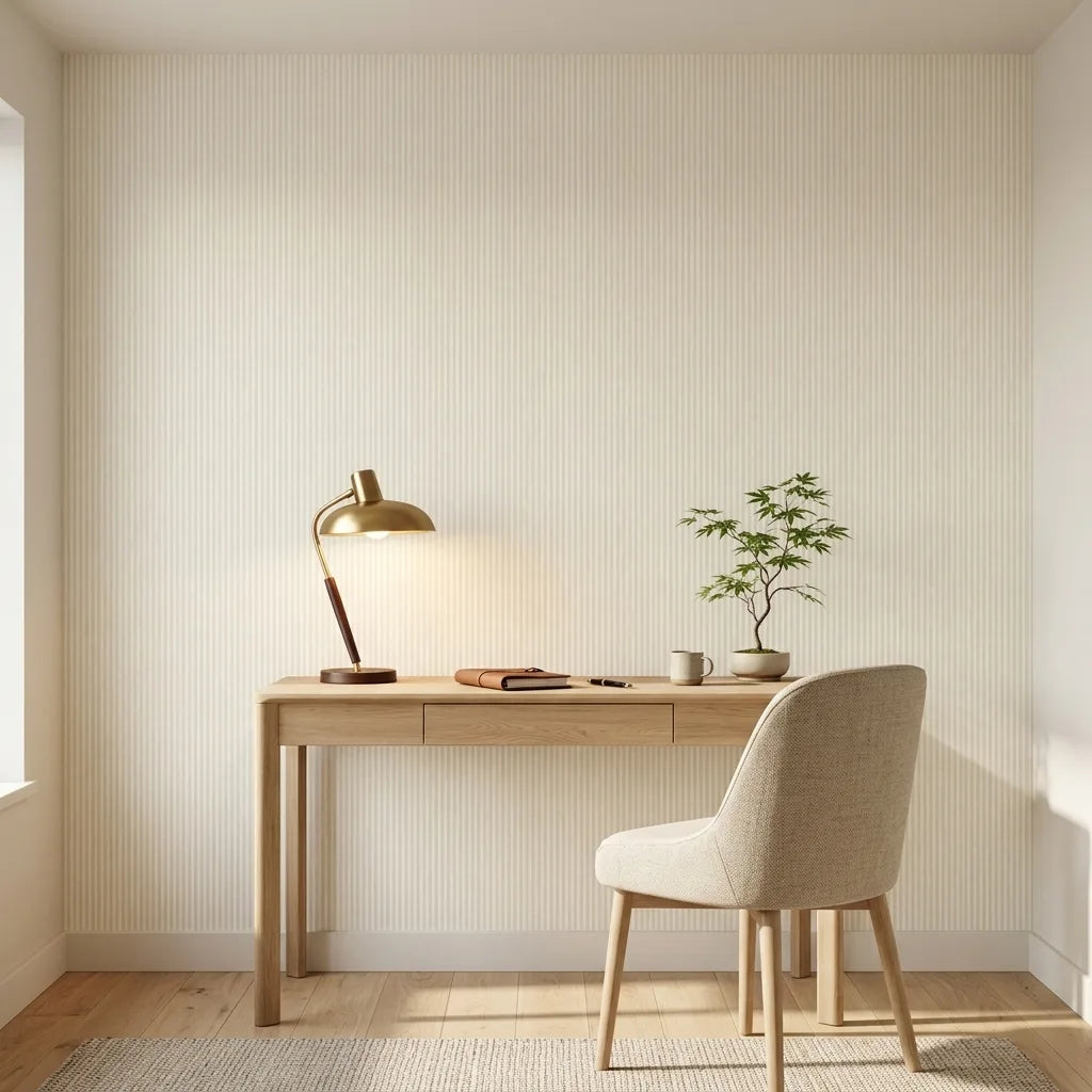 Home Office - Stylish home office featuring Ticking Stripe wallpaper in Warm Ivory by York Wallcoverings, creating a serene workspace.