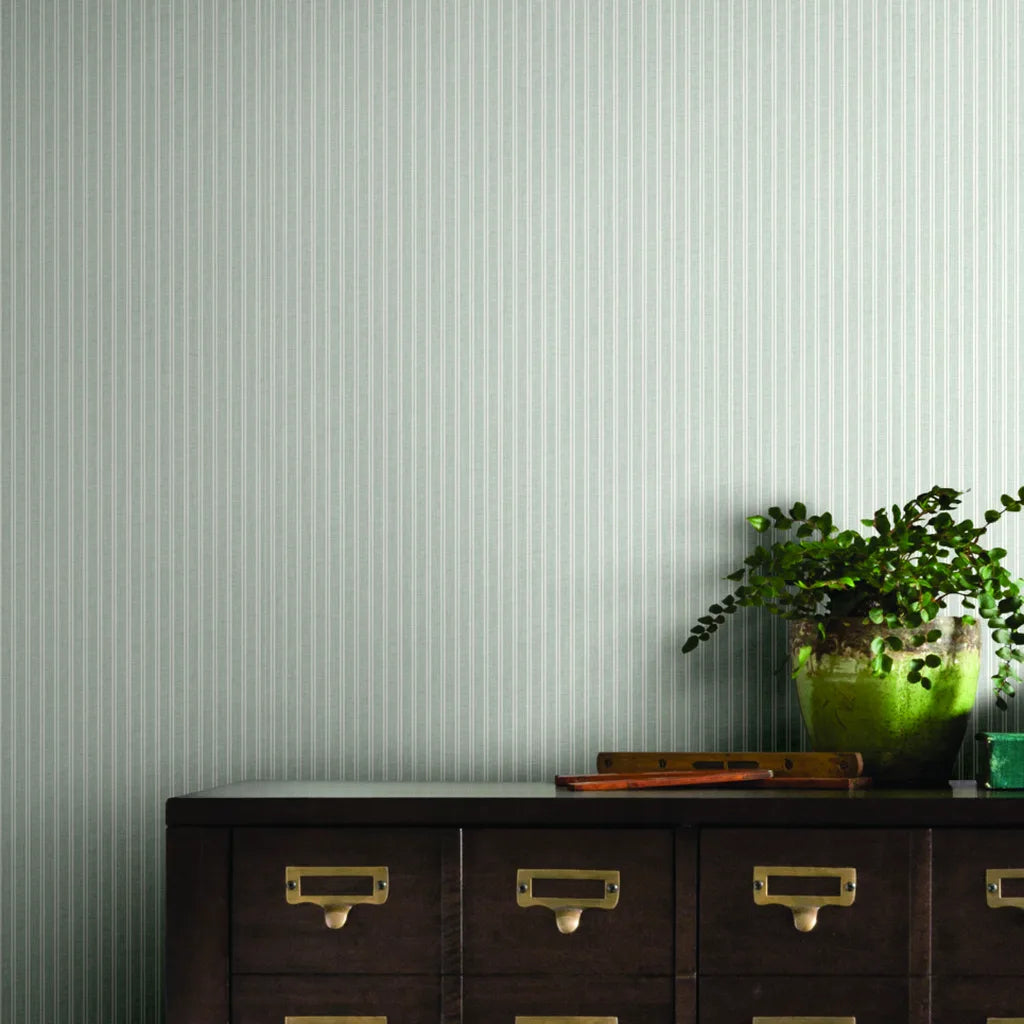 Home office with stylish Grey and Cream Ticking Stripe wallpaper by York Wallcoverings, creating an elegant and productive workspace.