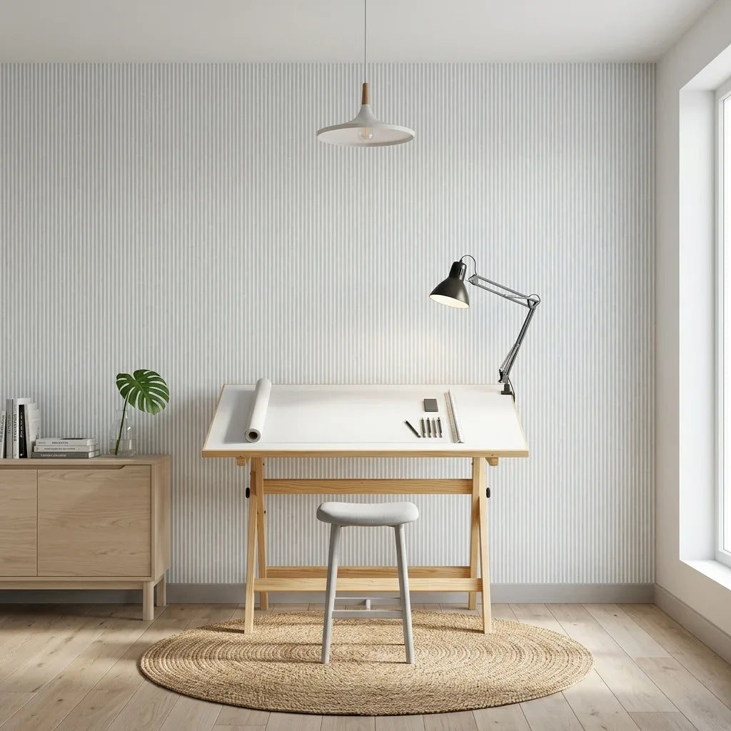 Home Office - Pale Blue and White Ticking Stripe wallpaper by York Wallcoverings creates a calm, stylish workspace.