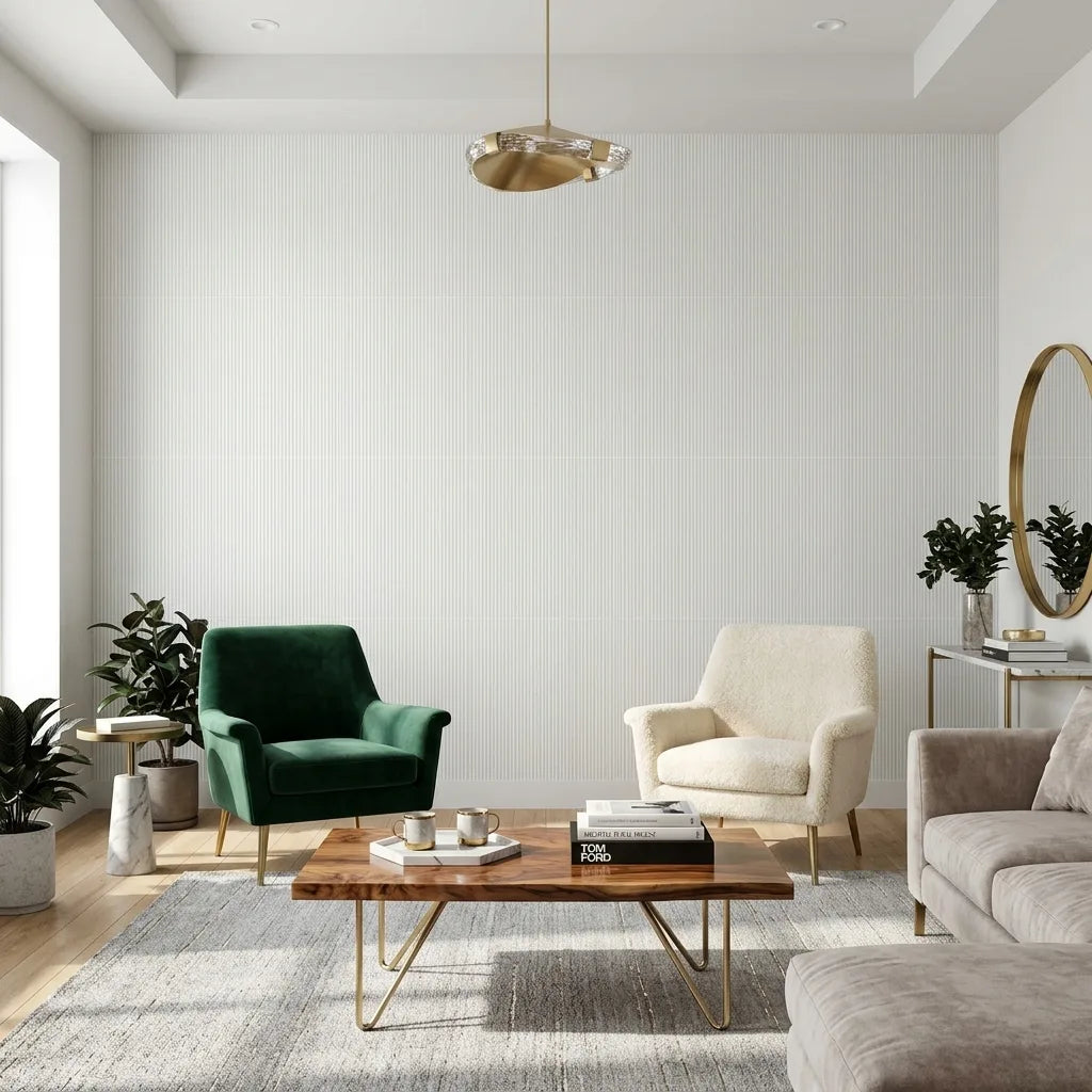 Living Room - Ticking Stripe wallpaper in Grey and Cream by York Wallcoverings creates a classic, inviting space.