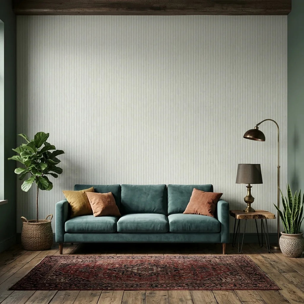 Living Room - Sage Green Ticking Stripe wallpaper by York Wallcoverings enhances this space with timeless style.