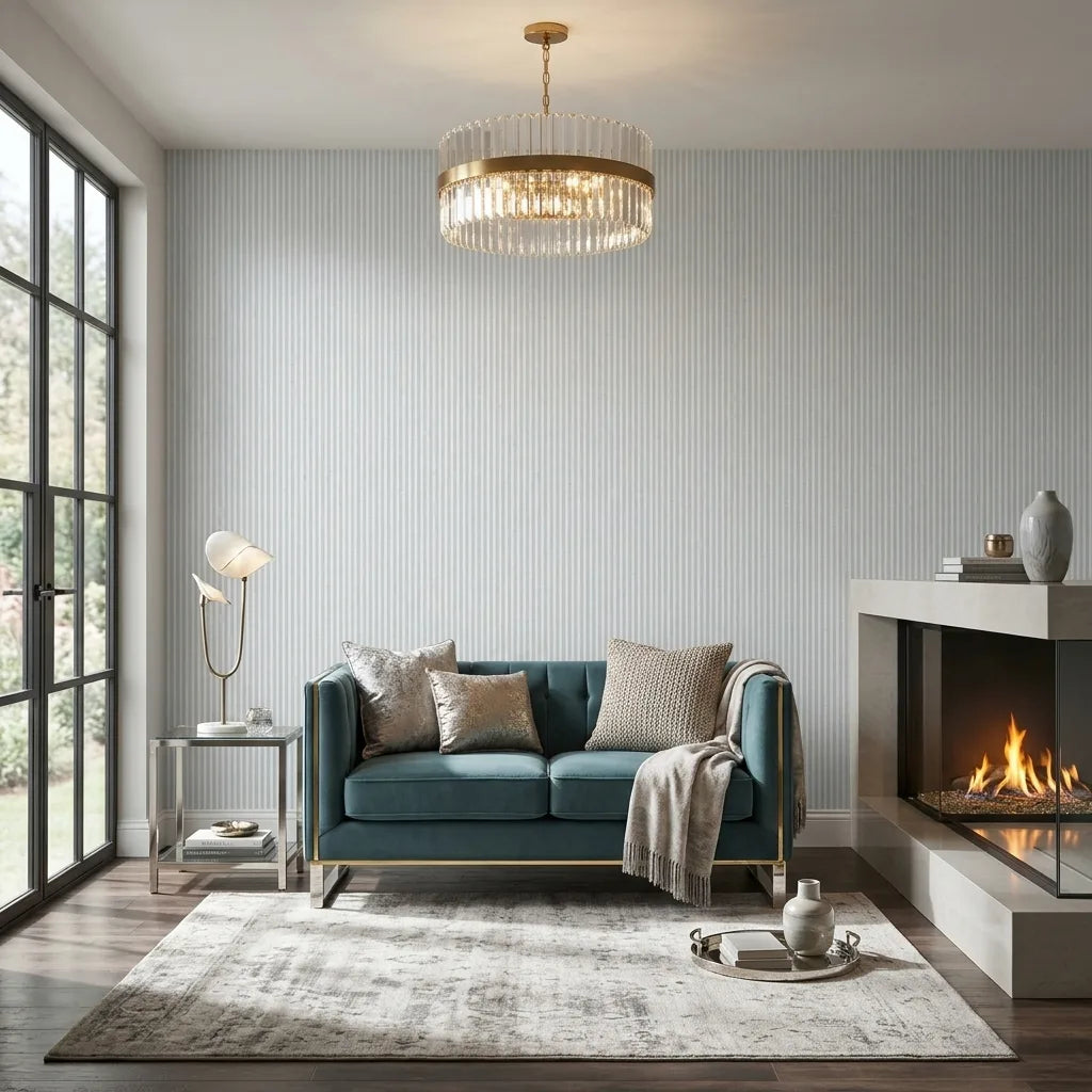 Living Room - Pale Blue and White Ticking Stripe wallpaper by York Wallcoverings creates a serene and stylish space.