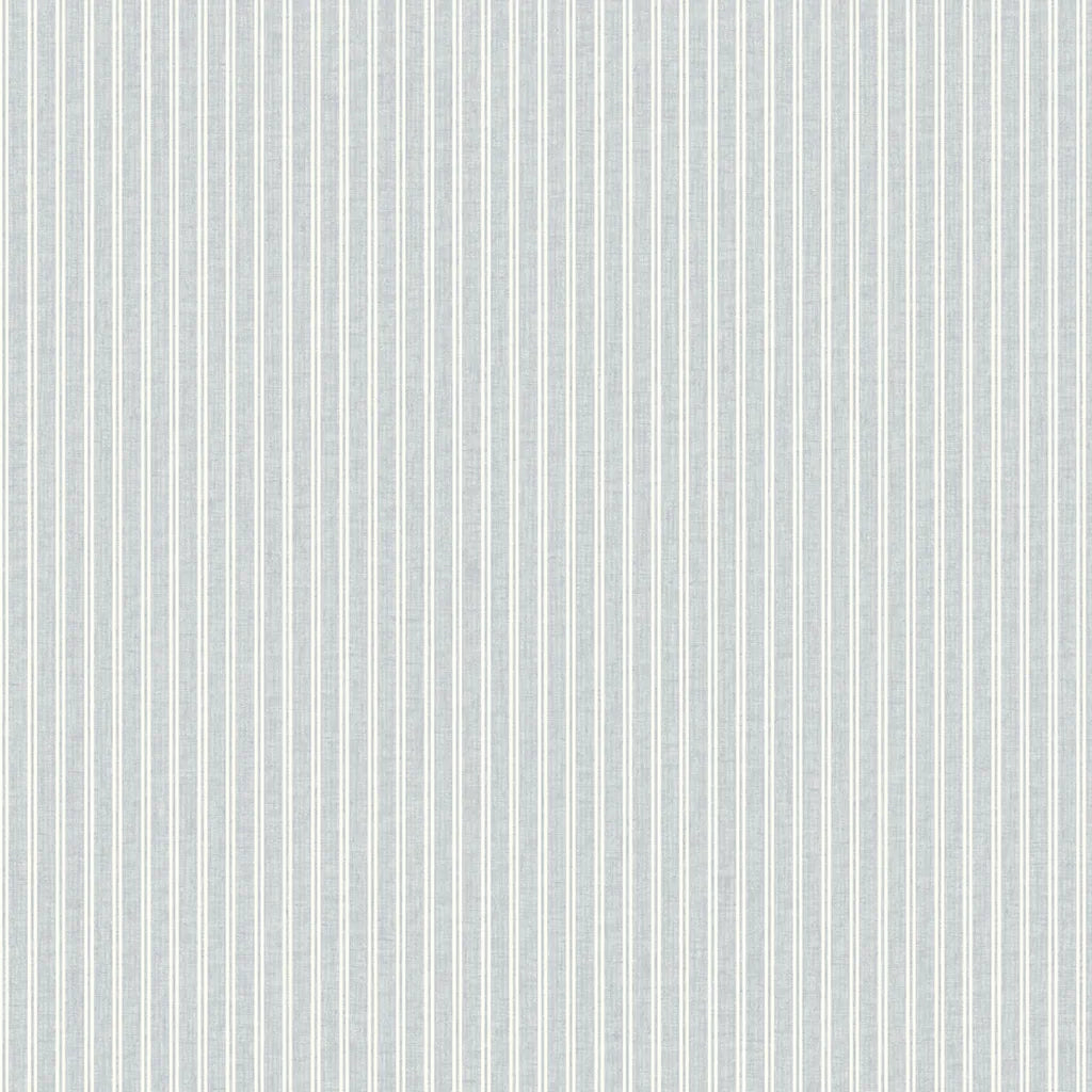Pale blue and white Ticking Stripe wallpaper pattern swatch by York Wallcoverings.