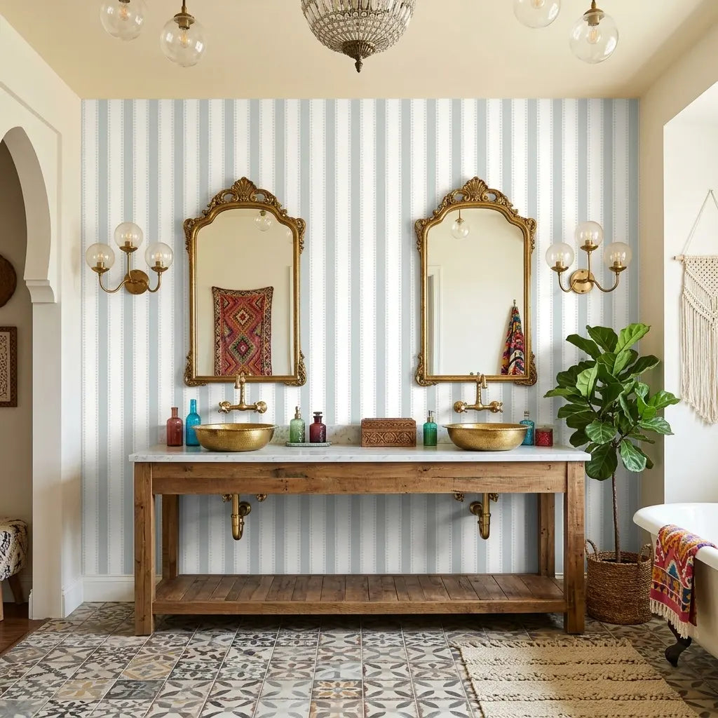 Bathroom - Elegant space featuring Tilford Blue White wallpaper by York Wallcoverings, creating a serene, stylish retreat.