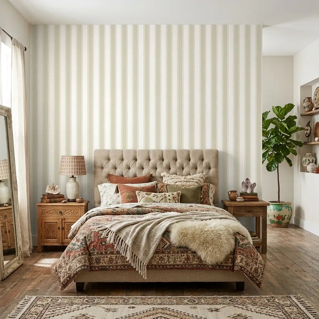 Bedroom - Elegant room featuring Tilford wallpaper in Beige, Gold by York Wallcoverings, creating a luxurious retreat.