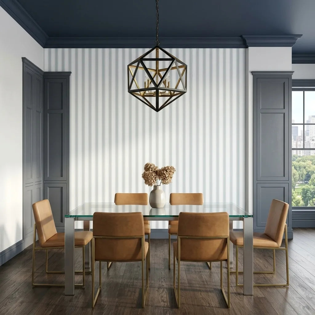 Dining Room - Elegant dining room showcasing 'Tilford' wallpaper in Blue, White by York Wallcoverings.