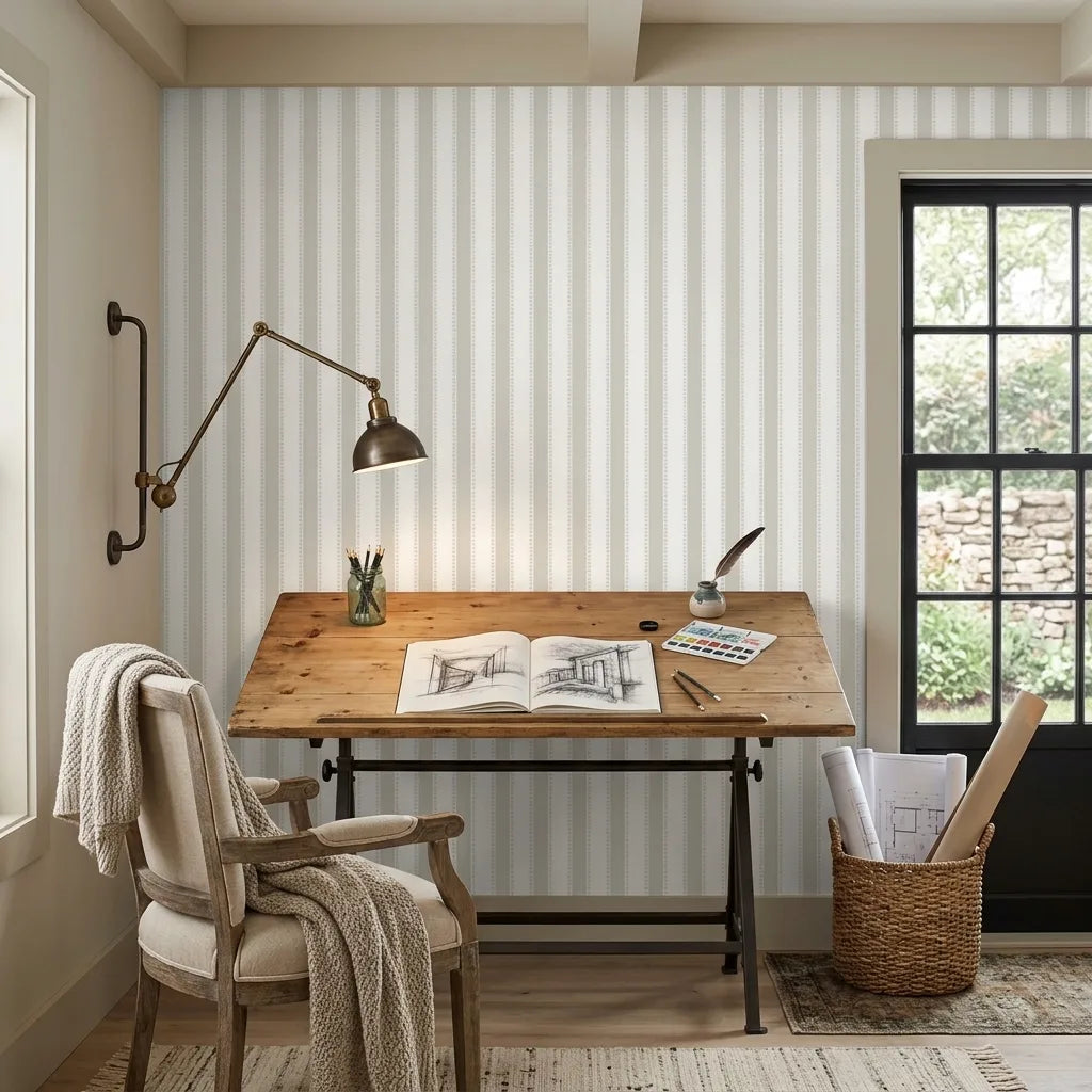 Home Office - Stylish workspace featuring 'Tilford' wallpaper in Grey, White by York Wallcoverings, creating an elegant backdrop.
