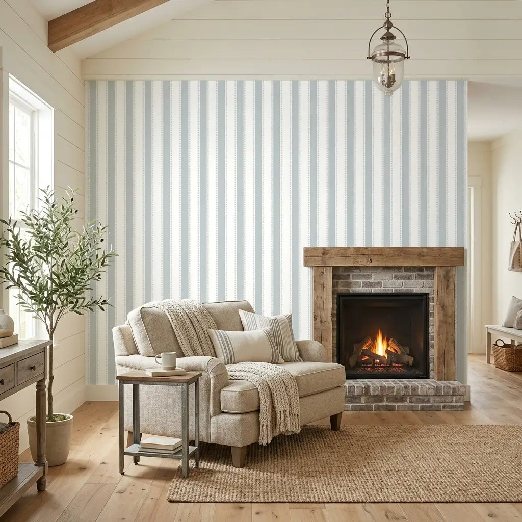 Living Room - Modern living room with 'Tilford' wallpaper in Blue, White by York Wallcoverings, creating a serene space.