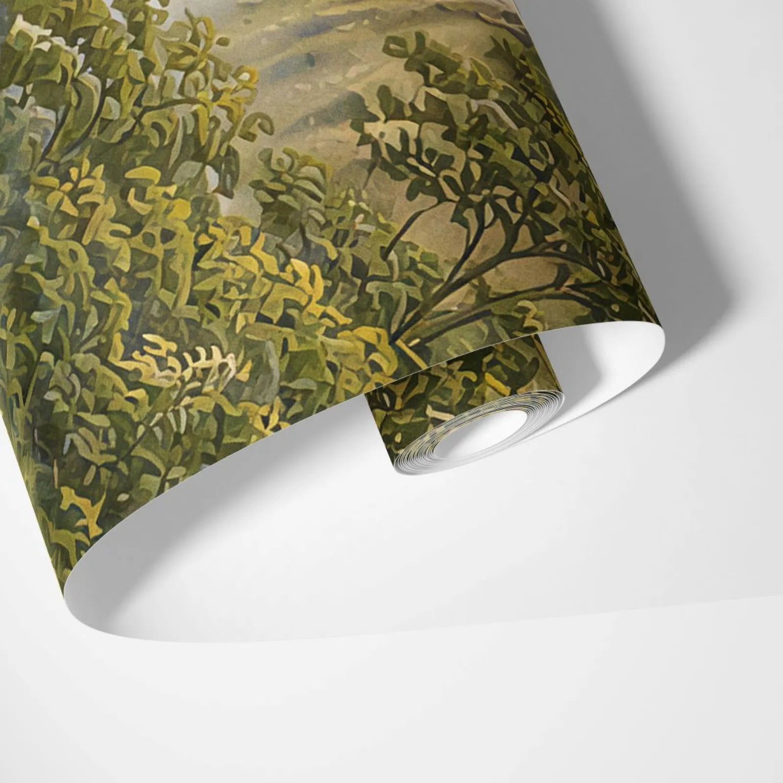 Living room - green valley landscape wall mural with waterfall, hills, and cabin