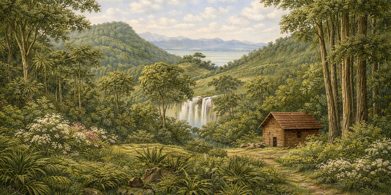 Landscape wall mural artwork with forest valley, waterfall, and cabin