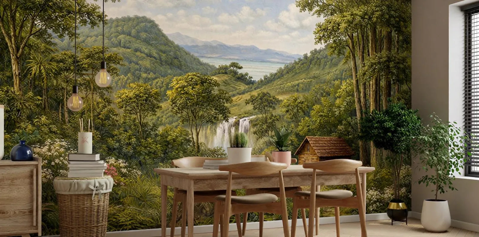 Dining room - panoramic landscape wall mural with layered hills, waterfall, and cabin