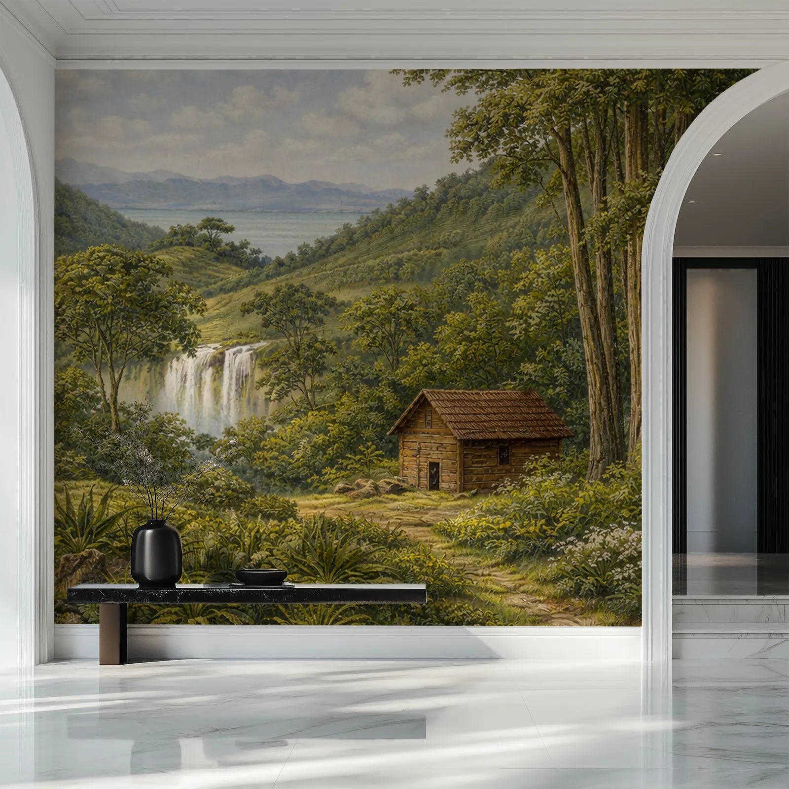 Entryway - serene landscape wall mural with cabin, waterfall, and rolling hills
