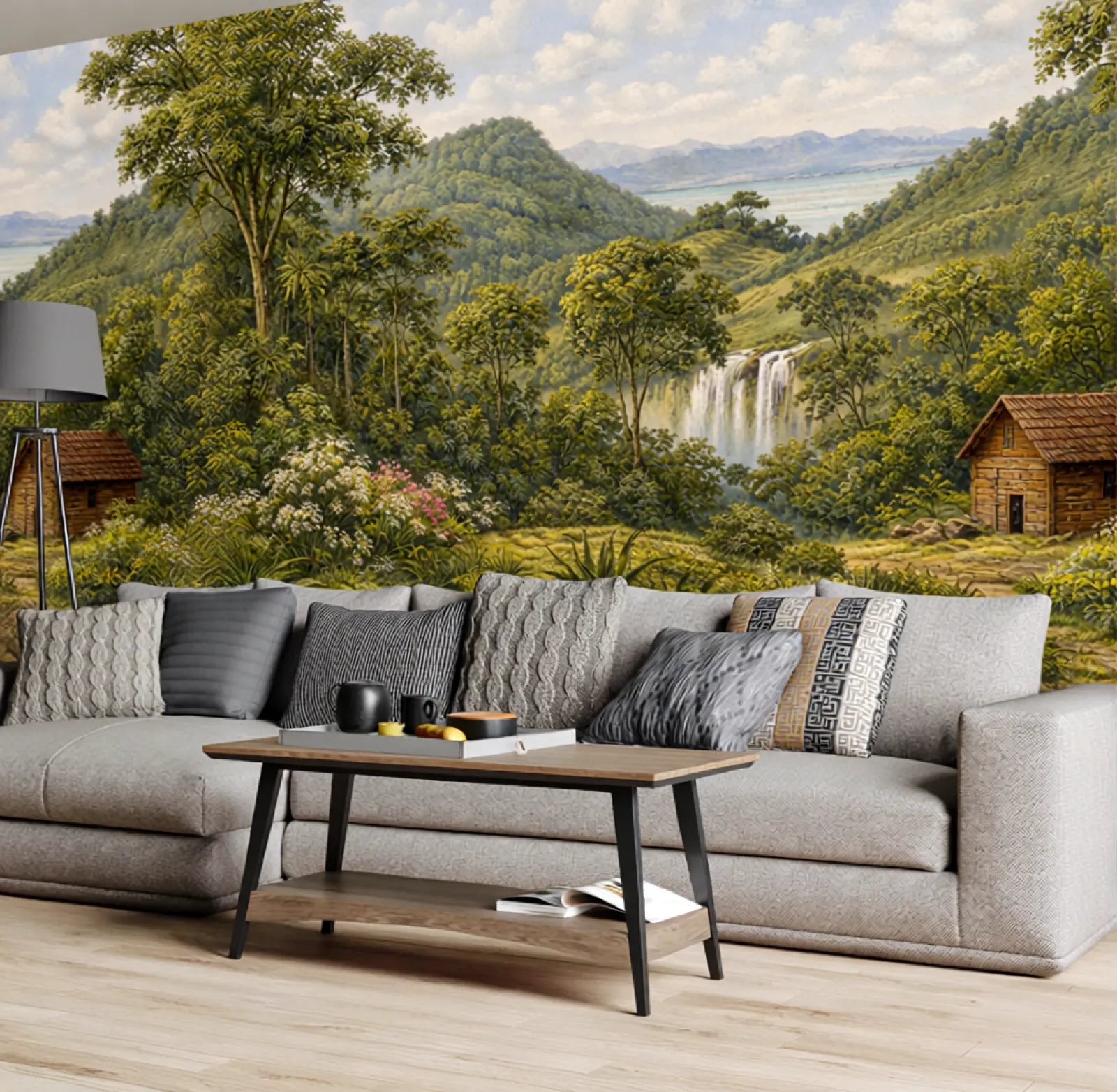 Living room - green valley landscape wall mural with waterfall, hills, and cabin