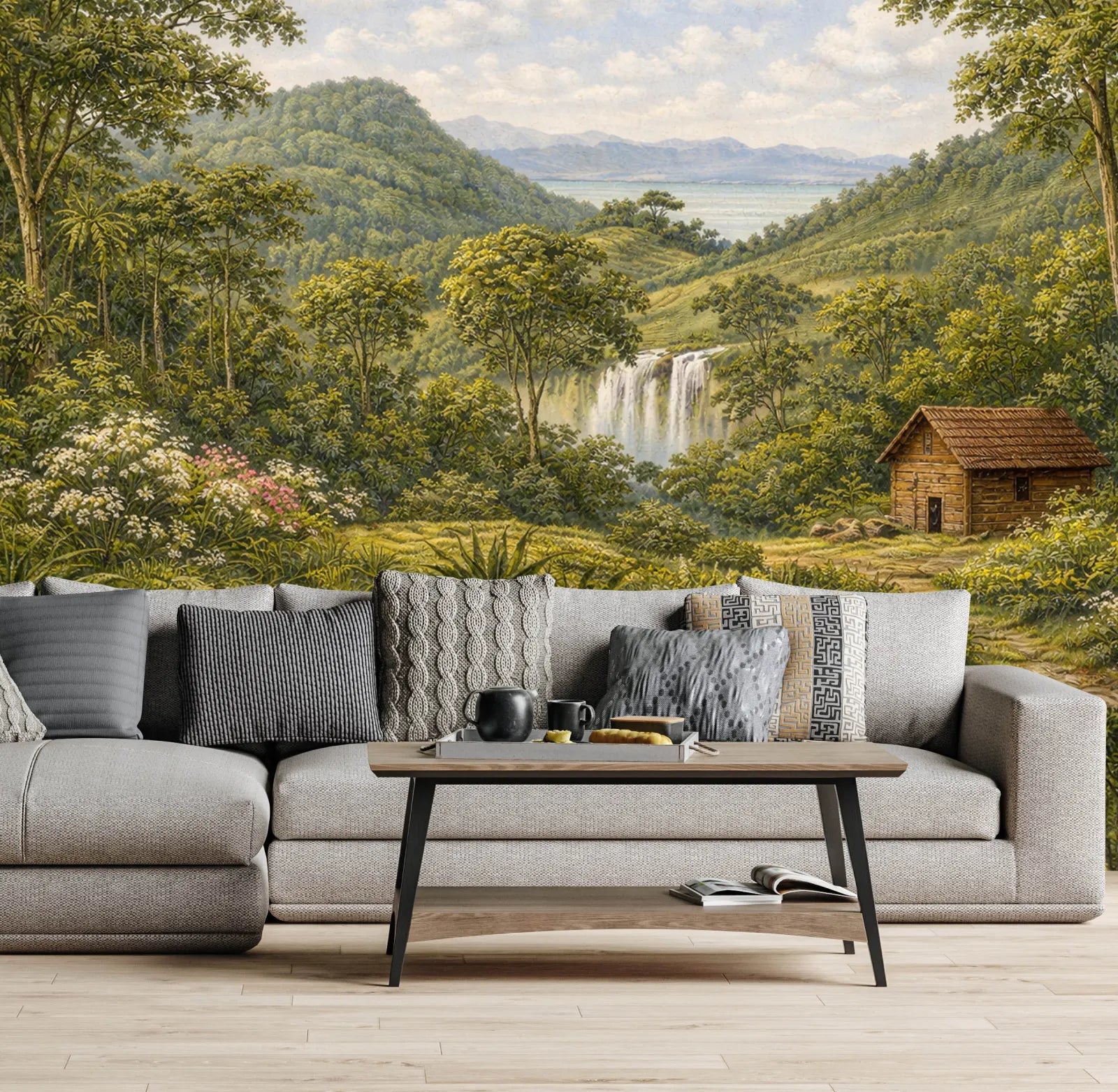 Living room - panoramic forest landscape wall mural with waterfall and distant mountains