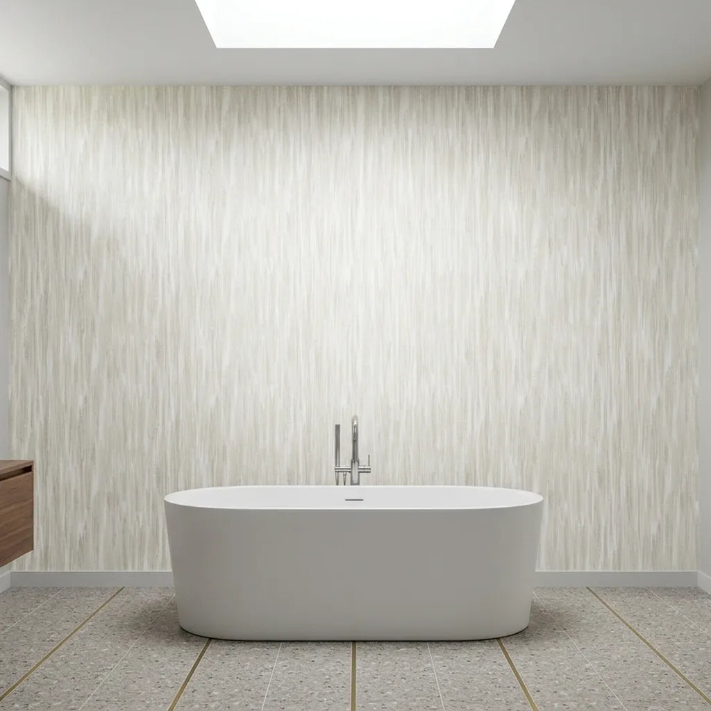 Bathroom - Elegant bathroom featuring Tribeca wallpaper in Warm Ivory by York Wallcoverings, creating a serene and stylish space.