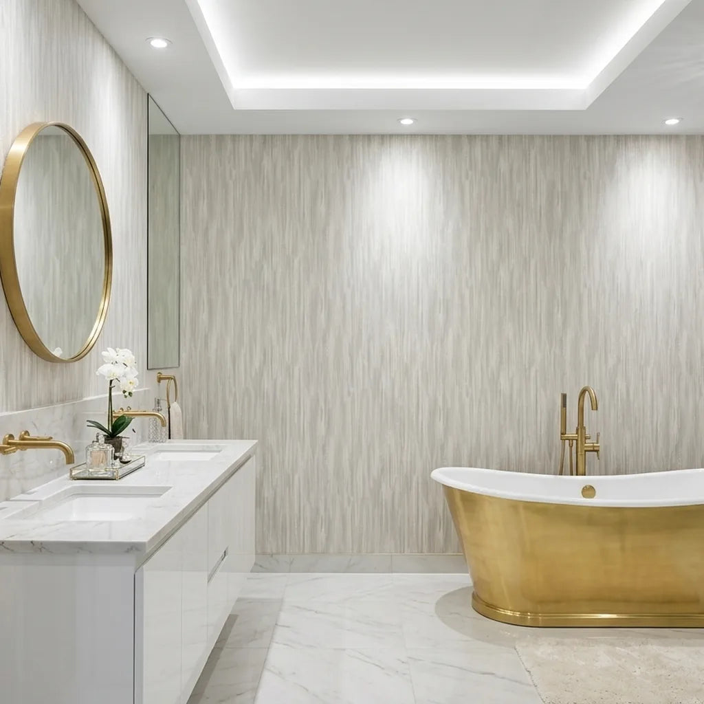 Bathroom - Stylish bathroom featuring elegant Tribeca wallpaper in Warm Ivory by York Wallcoverings, creating a serene space.