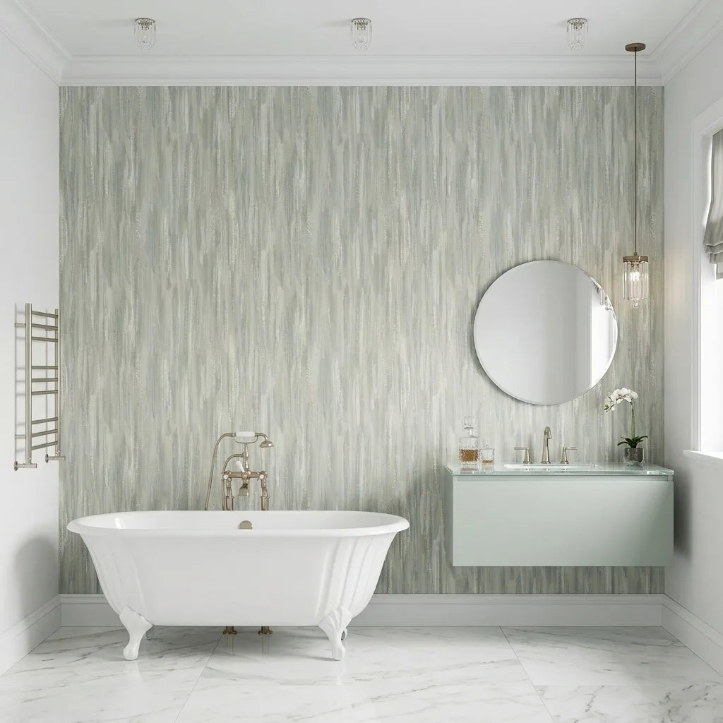 Bathroom - Elegant bathroom featuring Tribeca wallpaper in Light Grey Blue by York Wallcoverings, creating a serene space.